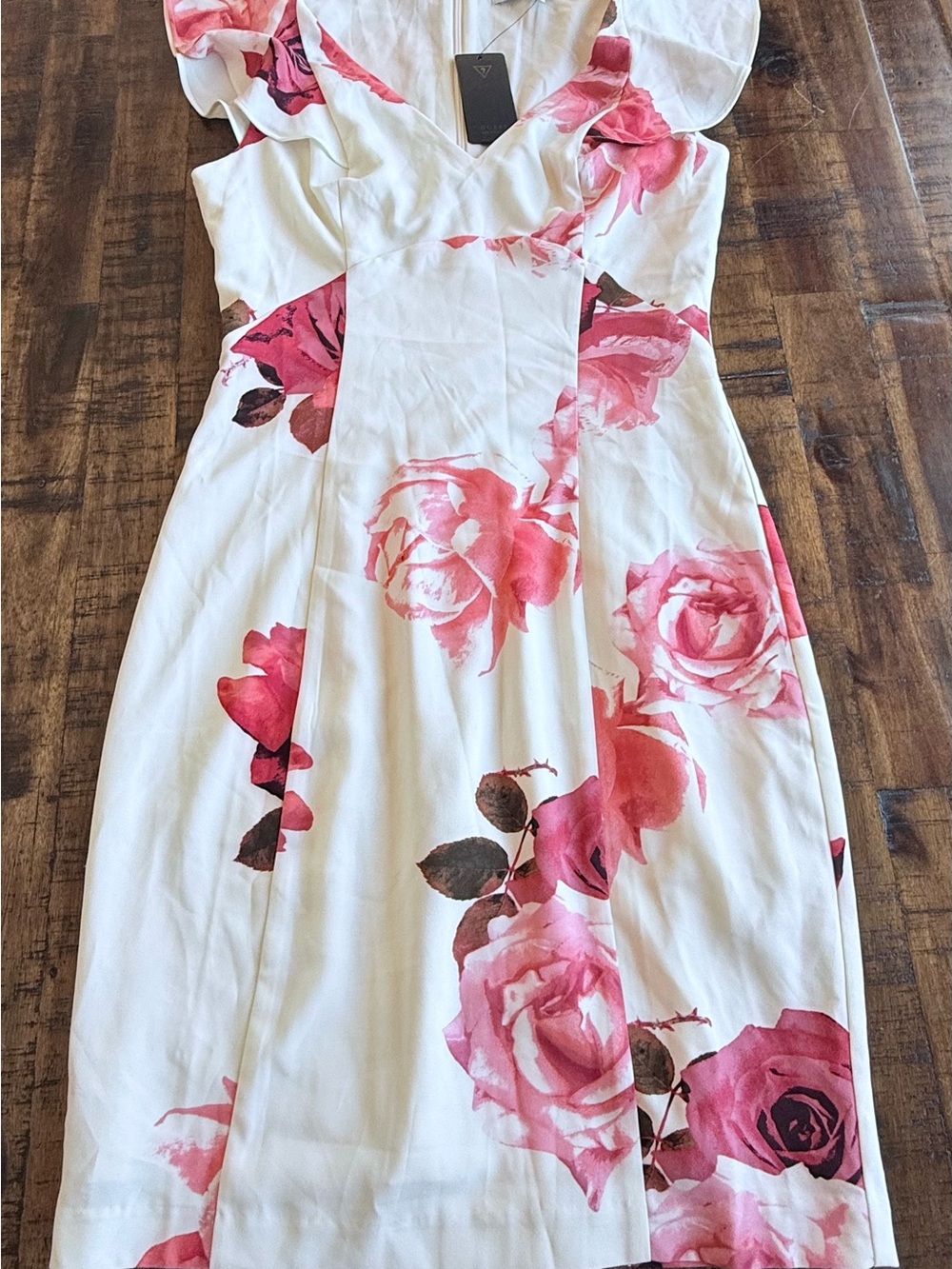 NWT Guess Size 4 White Floral Midi Dress with Pink Rose Print